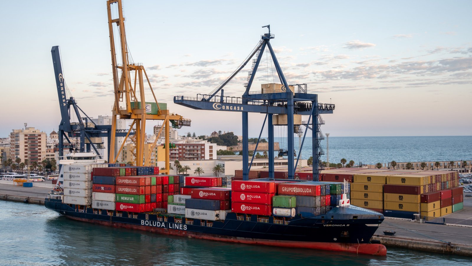 Cadiz, Spain - July 23, 2023: Container ship docked in the port of Cadiz, Spain.