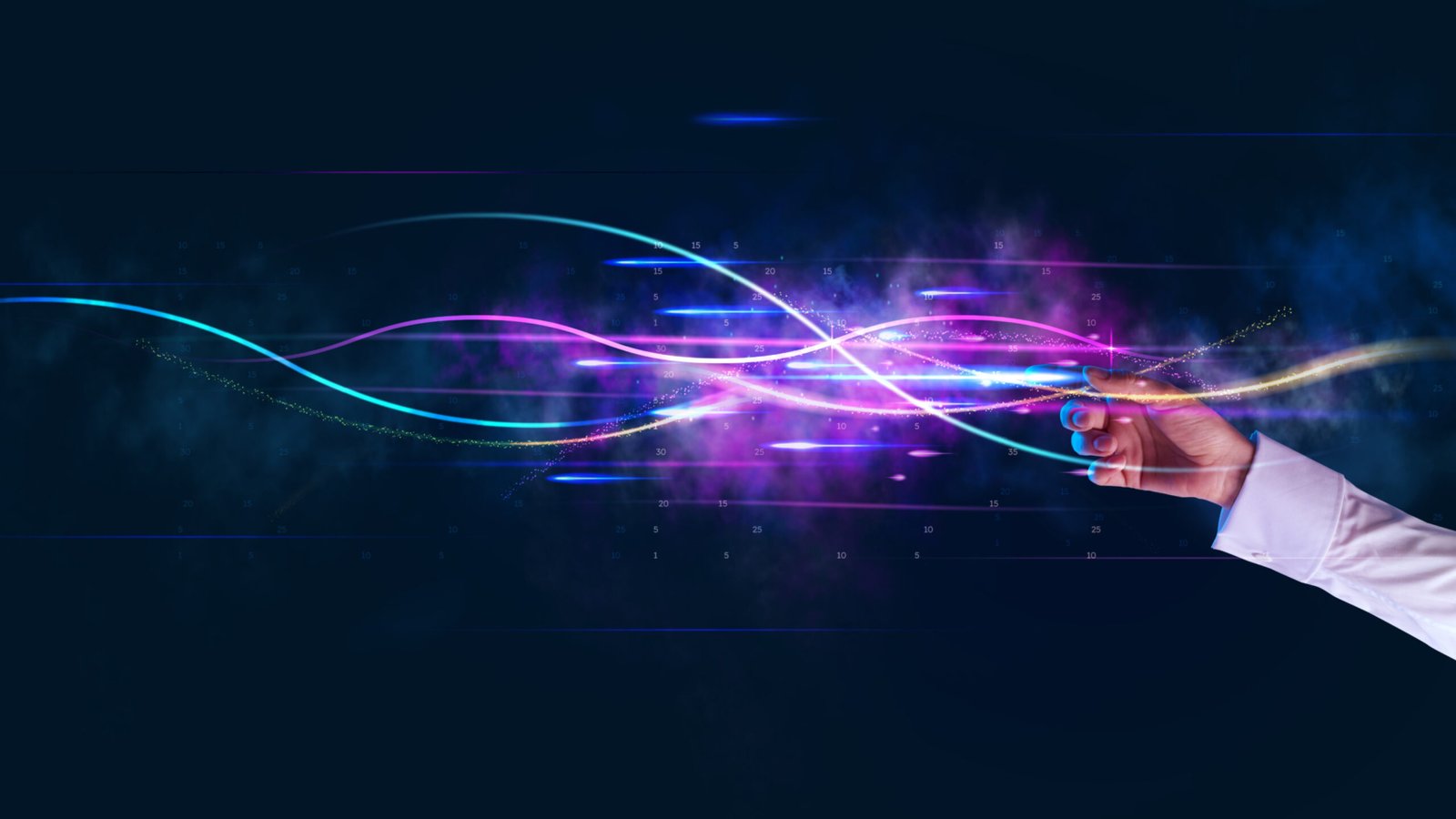 The hand of a businessman touches the virtual reality with the transmitted information. Transition to a new level of data transmission and reception, new algorithm, innovations