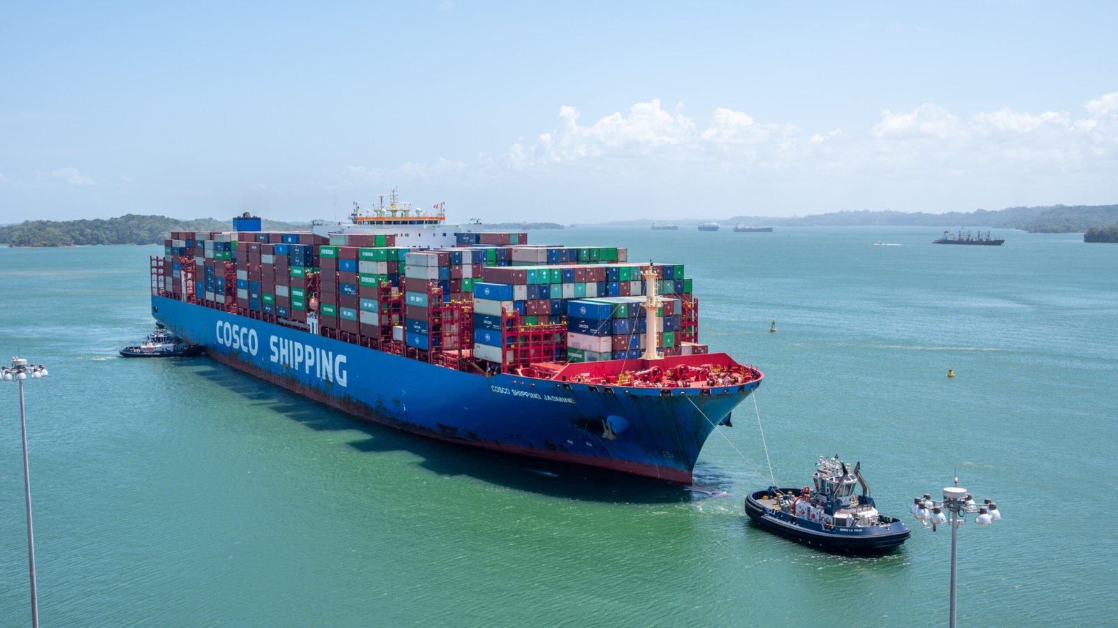 Colon, Panama - April 2, 2023: Views of a container ship at the Agua Clara Locks on the Panama canal.
