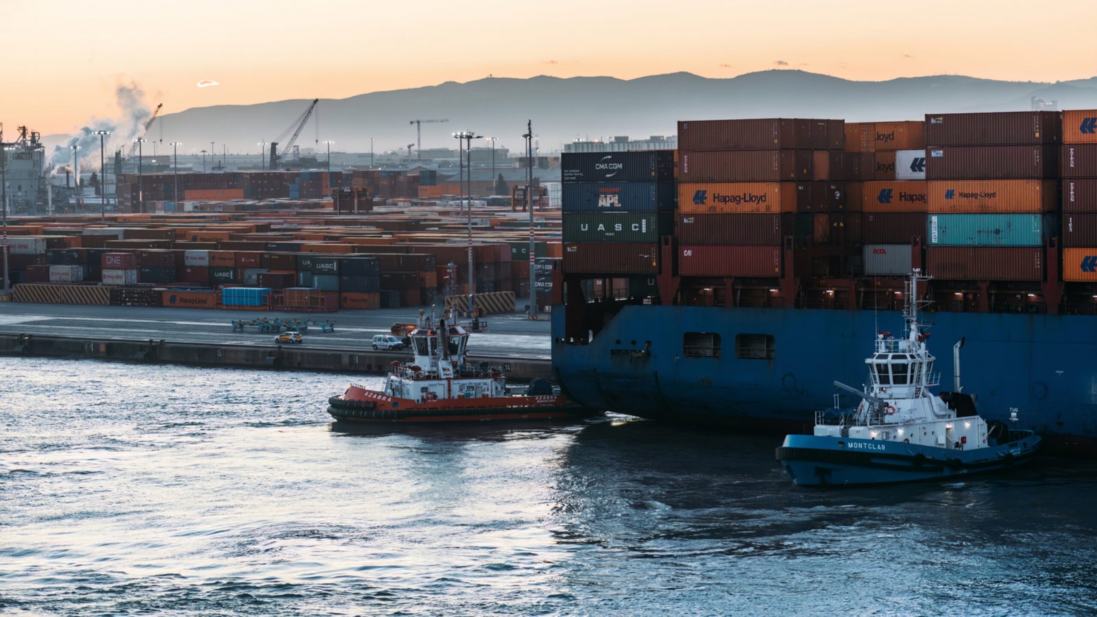 Barcelona, Spain - November 16, 2023: Barcelona container port. Containers in the city port. Barcelona is a major european port
