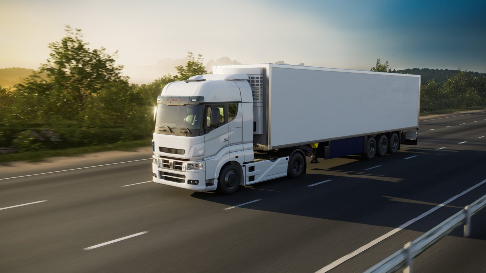 A_White_Truck_Driving_On_Road_At_Sunset_original_1731488